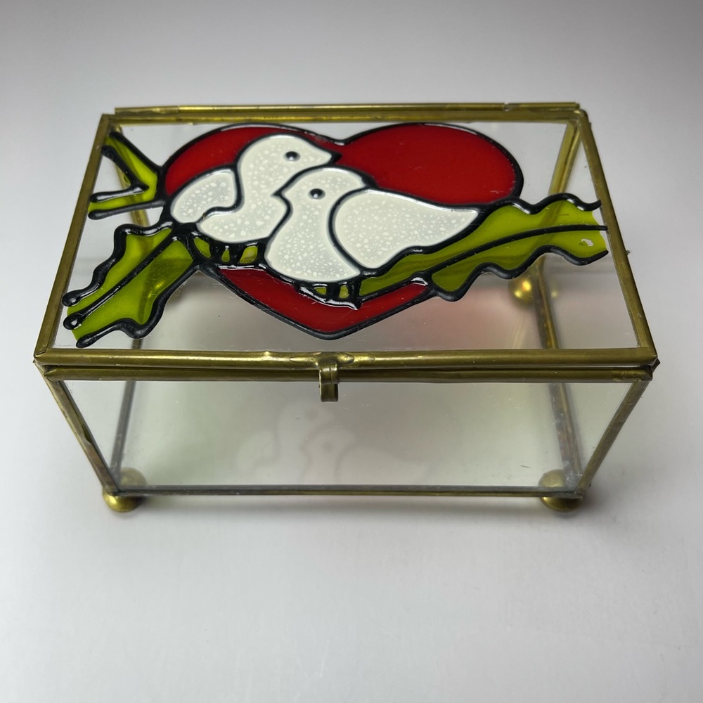 Vintage stained glass brass jewelry trinket box